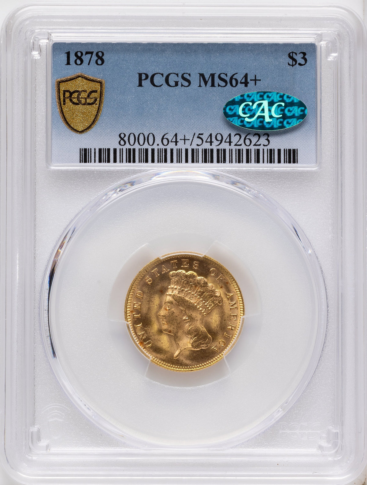 1878 $3 CAC Three Dollar Gold Pieces PCGS MS64+