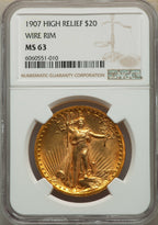 1907 $20 Wire Rim High Relief Double Eagle NGC MS63
