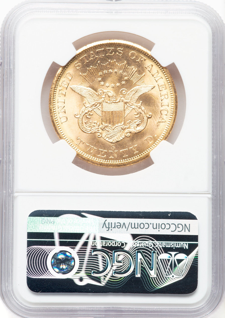 1857-S $20 Spike Shld CAC Liberty Double Eagle NGC MS67+