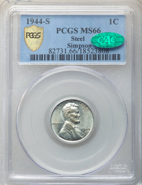 1944-S Lincoln Cent Steel Planchet CAC PCGS MS66 – Pop 1