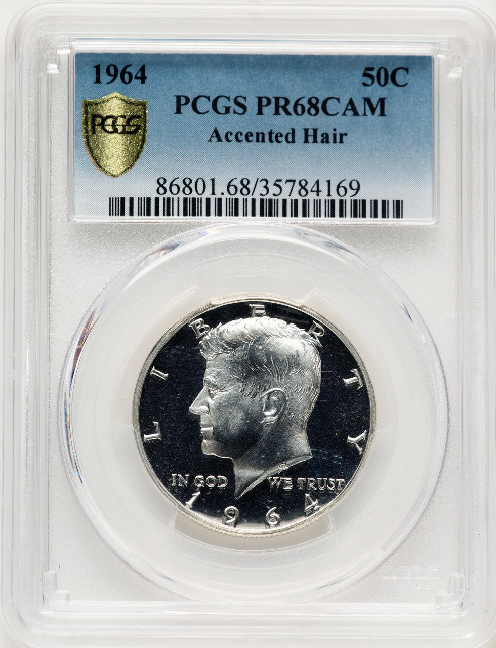1964 50C Accented Hair CA Blue Gradient Proof Kennedy Half Dollar PCGS PR68