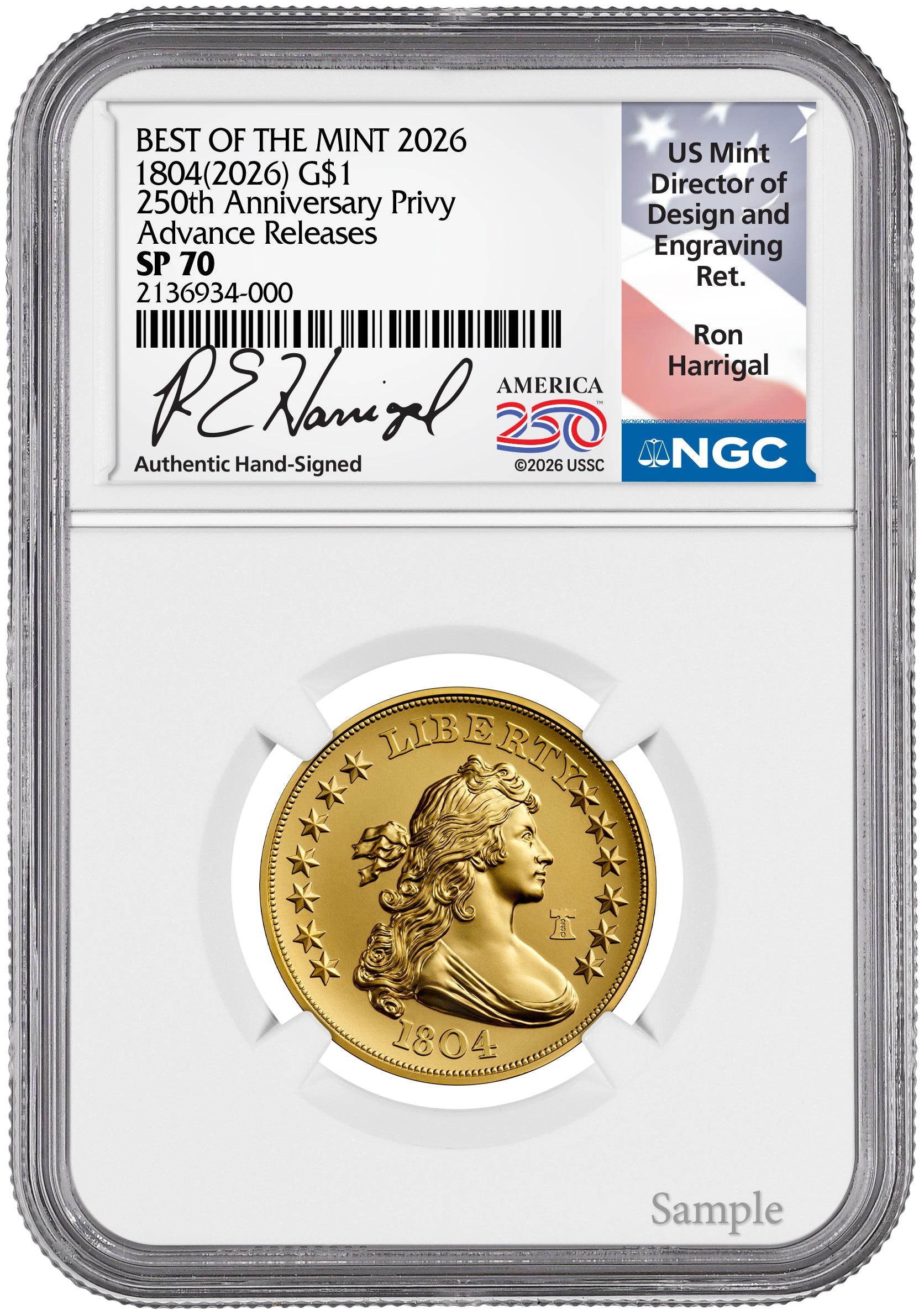 2026 1804 Draped Bust Gold Dollar Coin AR NGC SP70 Harrigal