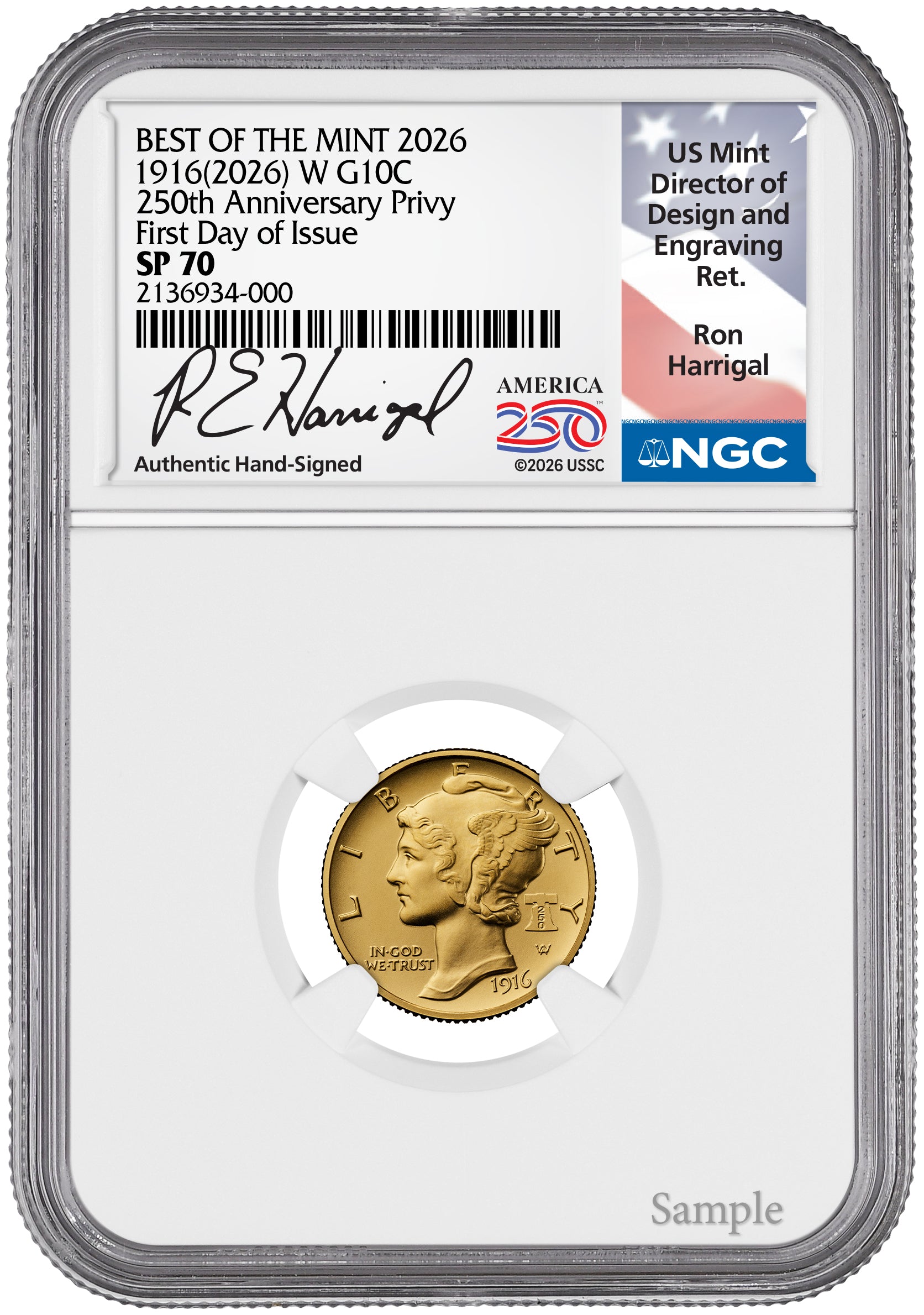 2026-W 1916 Mercury Gold Coin FDI NGC SP70 Harrigal Label