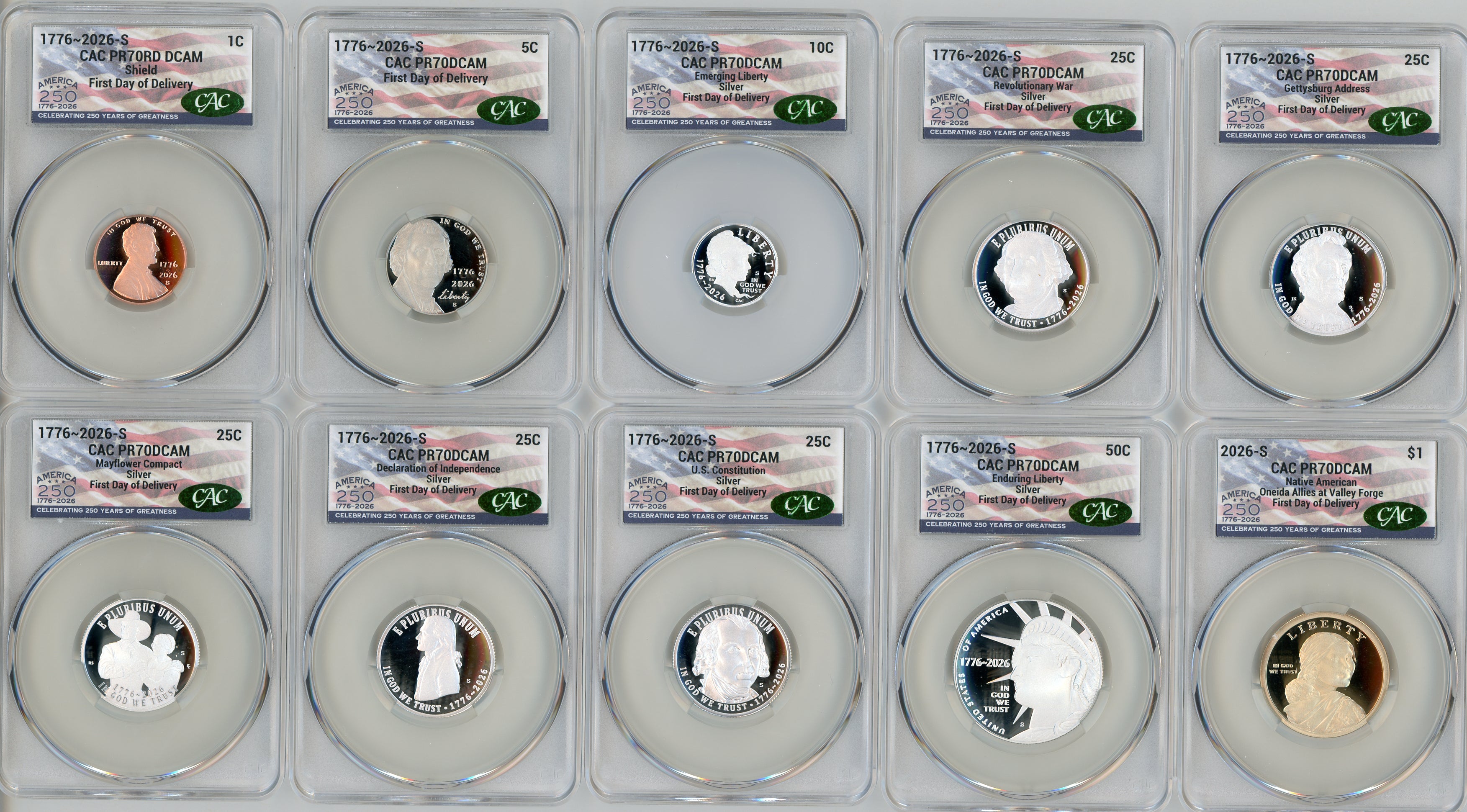 2026-S Semiquincentennial US Mint Proof Set CAC PR70 First Day of Delivery Flag Label