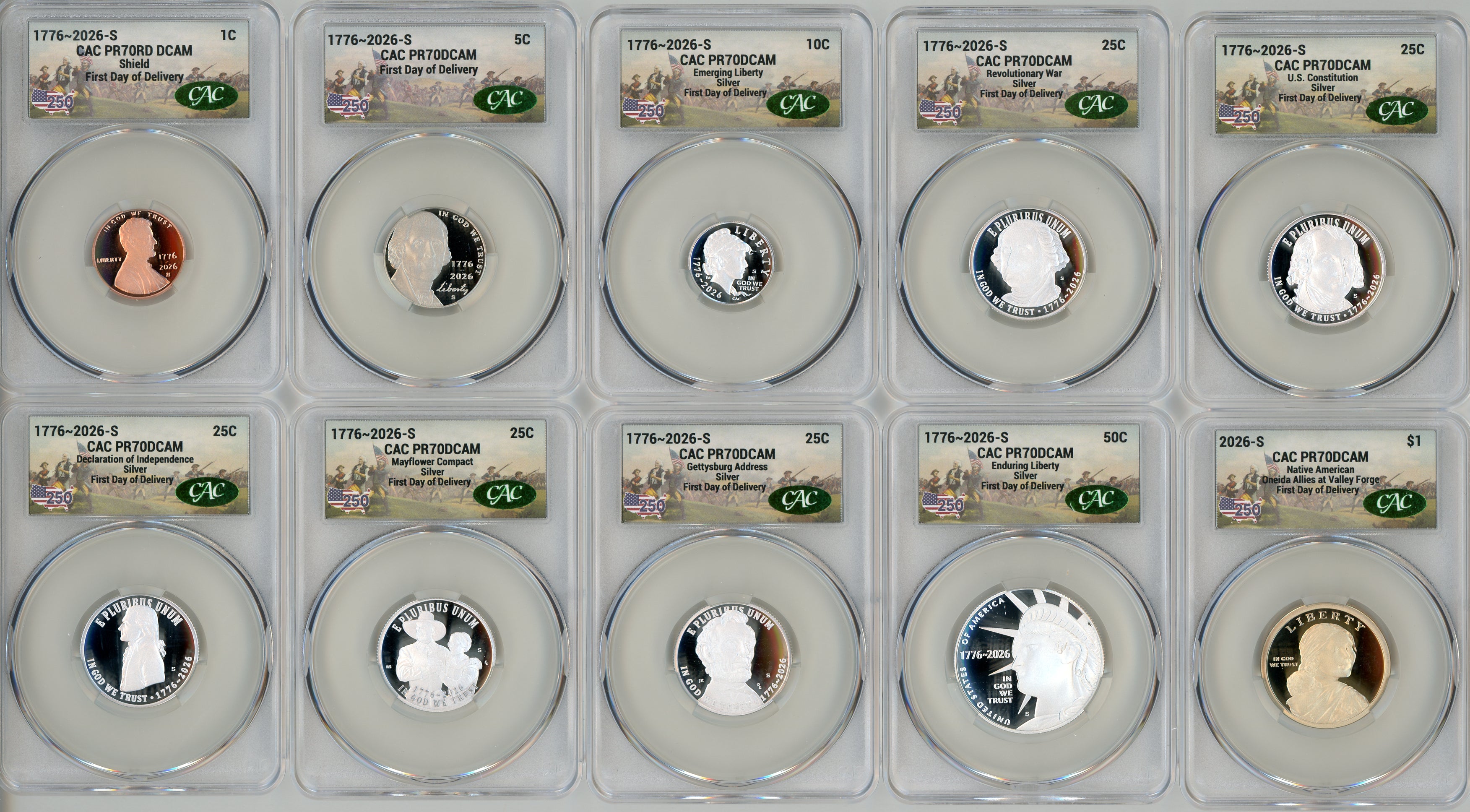 2026-S Semiquincentennial US Mint Proof Set CAC PR70 First Day of Delivery Battlefield Label