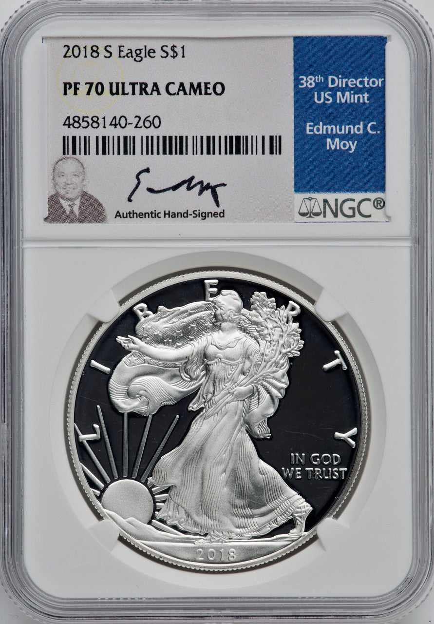 2018-S American Silver Eagle NGC PF70 Ed Moy Hand Signed