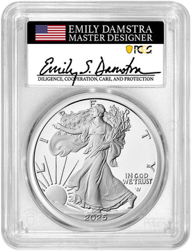 2025-S Silver Eagle First Day of Issue PCGS PR70DCAM Damstra Signed