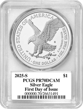 2025-S Silver Eagle First Day of Issue PCGS PR70DCAM Damstra Signed