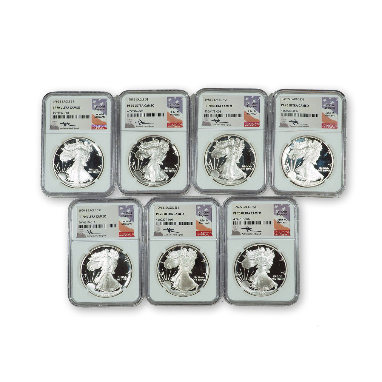 1986-1992 S American Proof Silver Eagle Set NGC PF70 Ultra Cameo Mercanti Signed