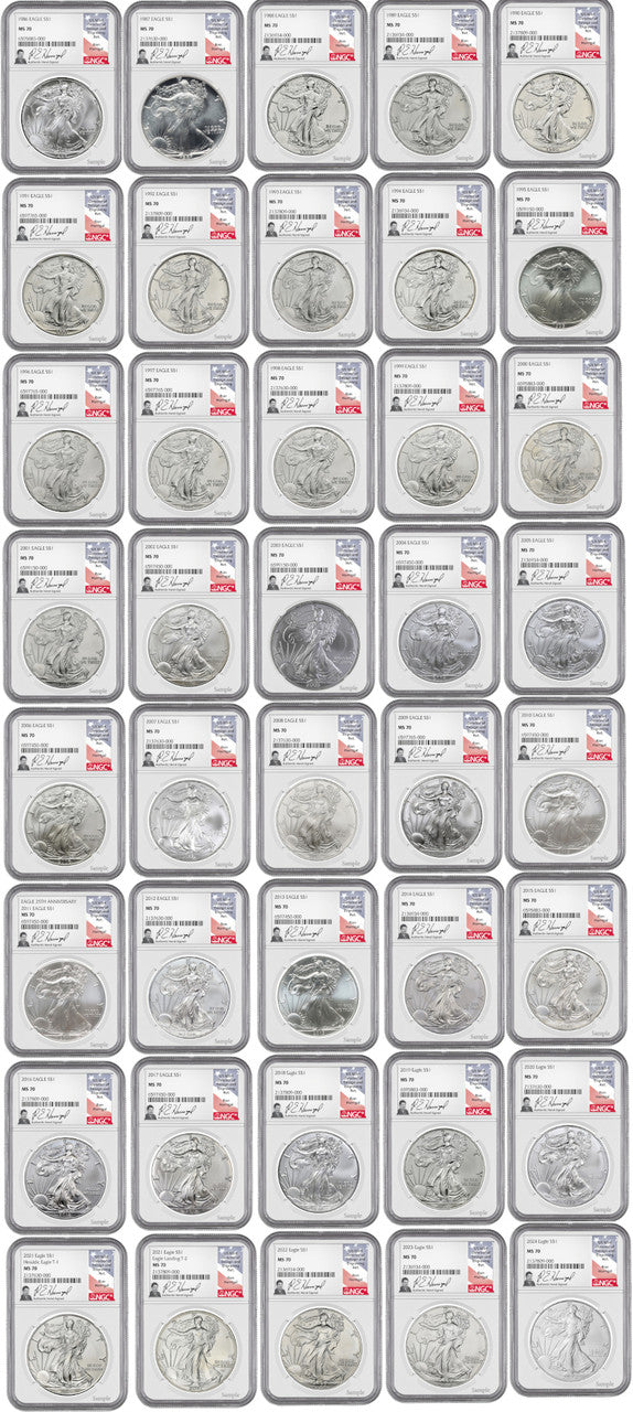 1986-2024 American Silver Eagle 40-pc Set NGC MS70 Ron Harrigal Signed - The Ultimate Silver Eagle Collection