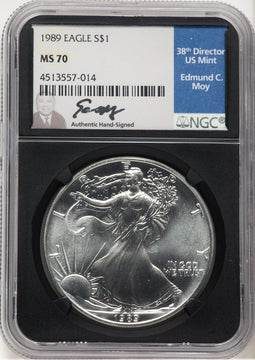 1989 Silver Eagle NGC MS70 Edmund Moy Signed