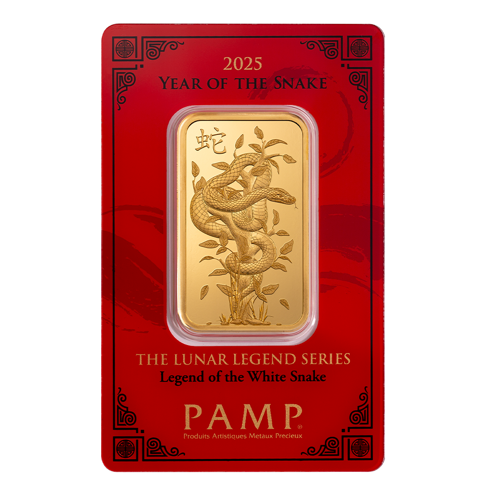 2025 1 oz Gold Bar PAMP Lunar Legends White Snake w Assay