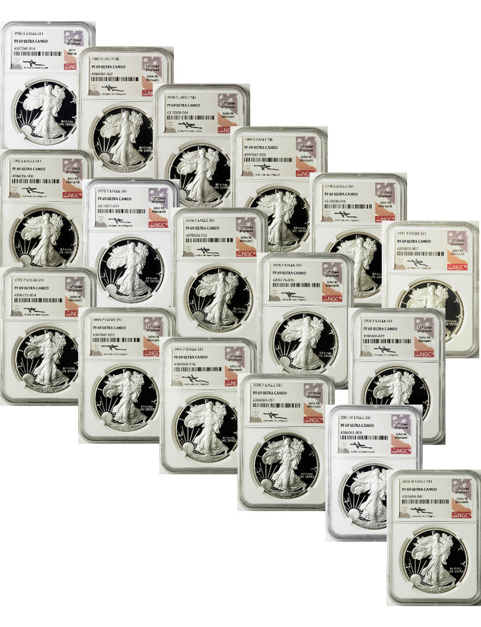 1986-2021 American Silver Eagle 37-pc Set NGC PF69 Mercanti Signed with 1995-w (2 New NGC Boxes)