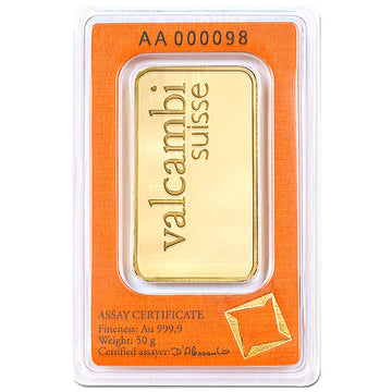 50 Gram Valcambi Suisse Gold Bar New w/ Assay