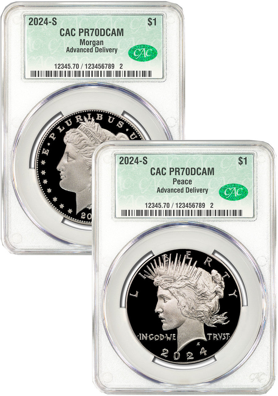 2024-S Morgan and Peace Silver Dollar 2pc Proof Set AD CAC PR70