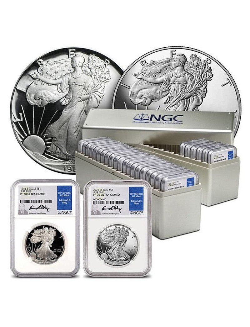 1986-2021 Silver Eagle 35 pc Set NGC PF70UCAM Edmund Moy Signed