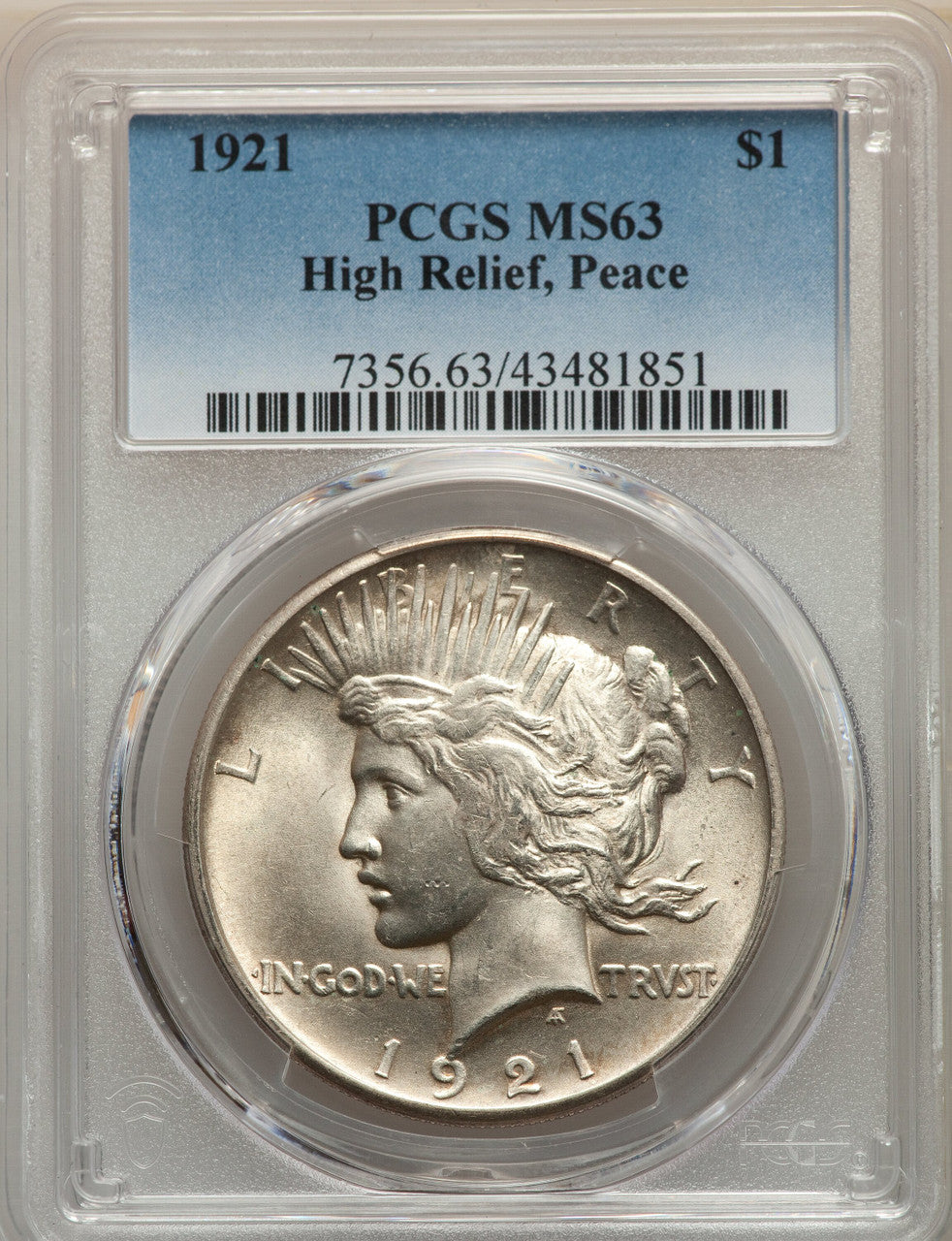 1921 S$1 Peace Peace Dollar PCGS MS63