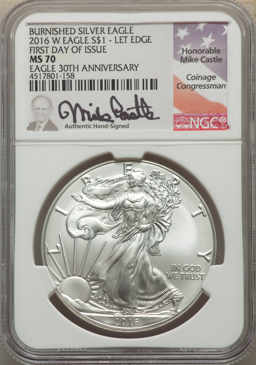 2016-W S$1 Silver Eagle Burnished Lettered Edge 30th Anniversary First Day of Issue SP NGC MS70