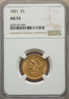 1851 $5 Liberty Half Eagle NGC AU55