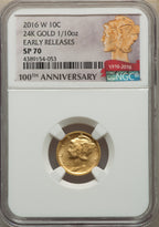 2016-W 10C Mercury Dime Gold 100th Anniversary First Strike SP Modern Bullion Coins NGC MS70