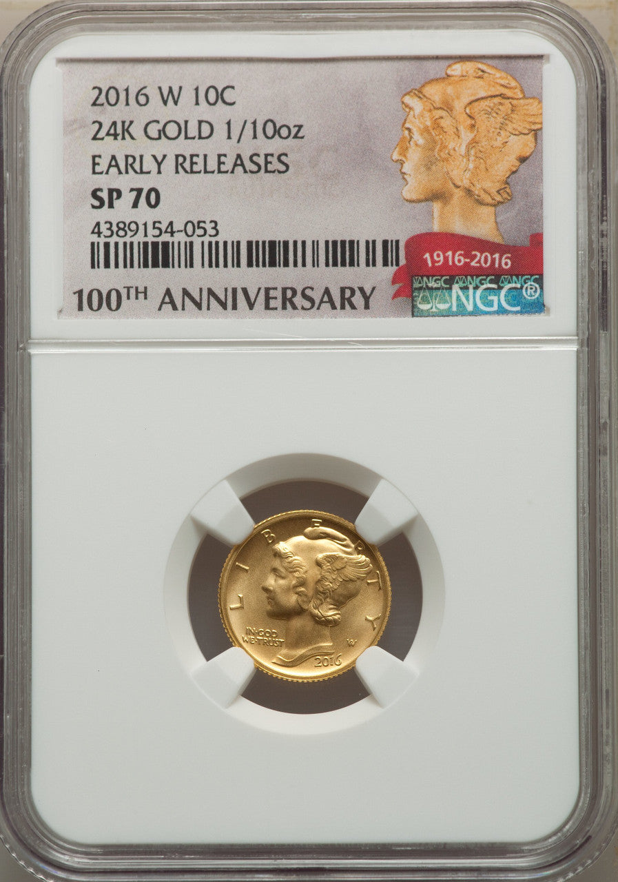 2016-W 10C Mercury Dime Gold 100th Anniversary First Strike SP Modern Bullion Coins NGC MS70