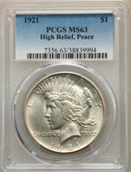 1921 S$1 Peace Peace Dollar PCGS MS63