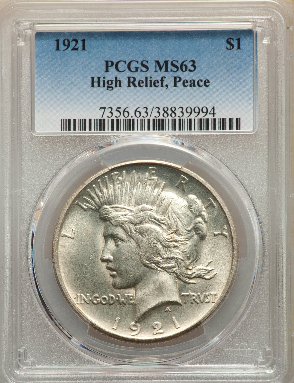 1921 S$1 Peace Peace Dollar PCGS MS63