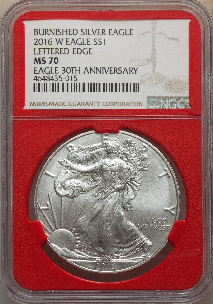 2016-W S$1 Silver Eagle Burnished Lettered Edge 30th Anniversary SP NGC MS70