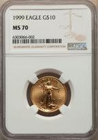 1999 $10 Quarter-Ounce Gold Eagle Modern Bullion Coins NGC MS70