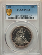 1861 50C Proof Seated Half Dollar PCGS PR62