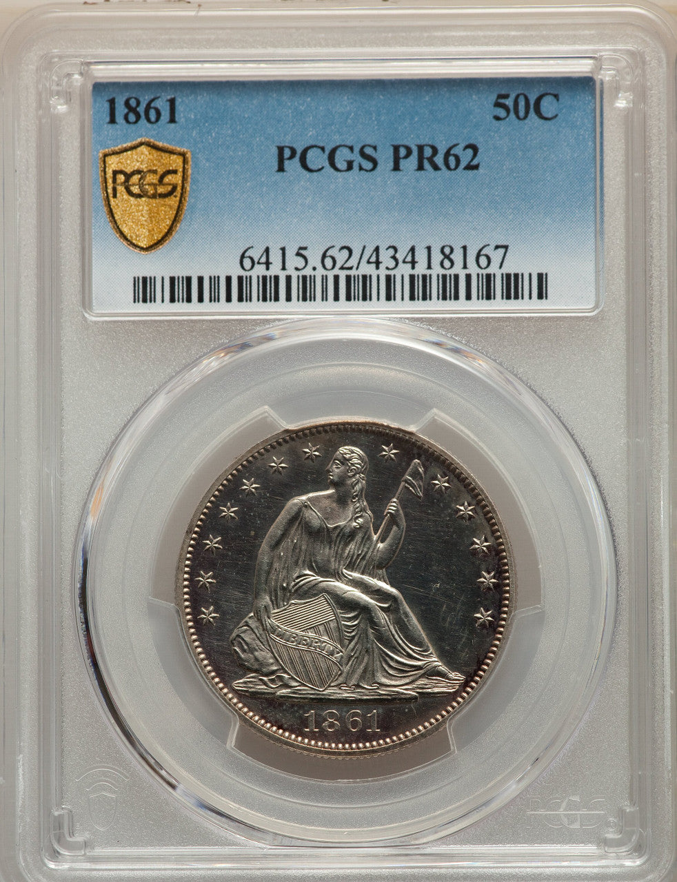 1861 50C Proof Seated Half Dollar PCGS PR62