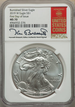 2019-W S$1 Silver Eagle Burnished First Day of Issue SP Modern Bullion Coins NGC MS70