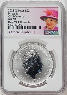 2023 Silver Britannia 1 oz G.Britain 2P Final Effigy QEII  Queen Elizabeth II NGC MS69