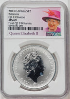 2023 Silver Britannia 1 oz G.Britain 2P Final Effigy QEII  Queen Elizabeth II NGC MS69