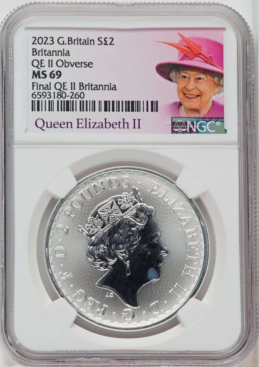 2023 Silver Britannia 1 oz G.Britain 2P Final Effigy QEII  Queen Elizabeth II NGC MS69
