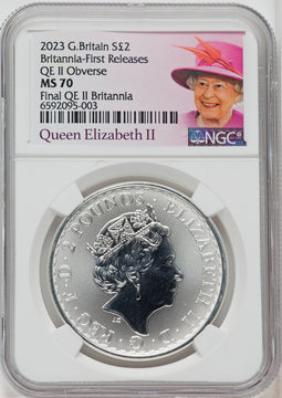 2023 Silver Britannia 1 oz G.Britain 2P Final Effigy Queen Elizabeth II NGC MS70