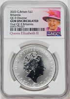 2023 Silver Britannia  1 oz G.Britain 2P Final QEII Queen Elizabeth II NGC Gem Unc