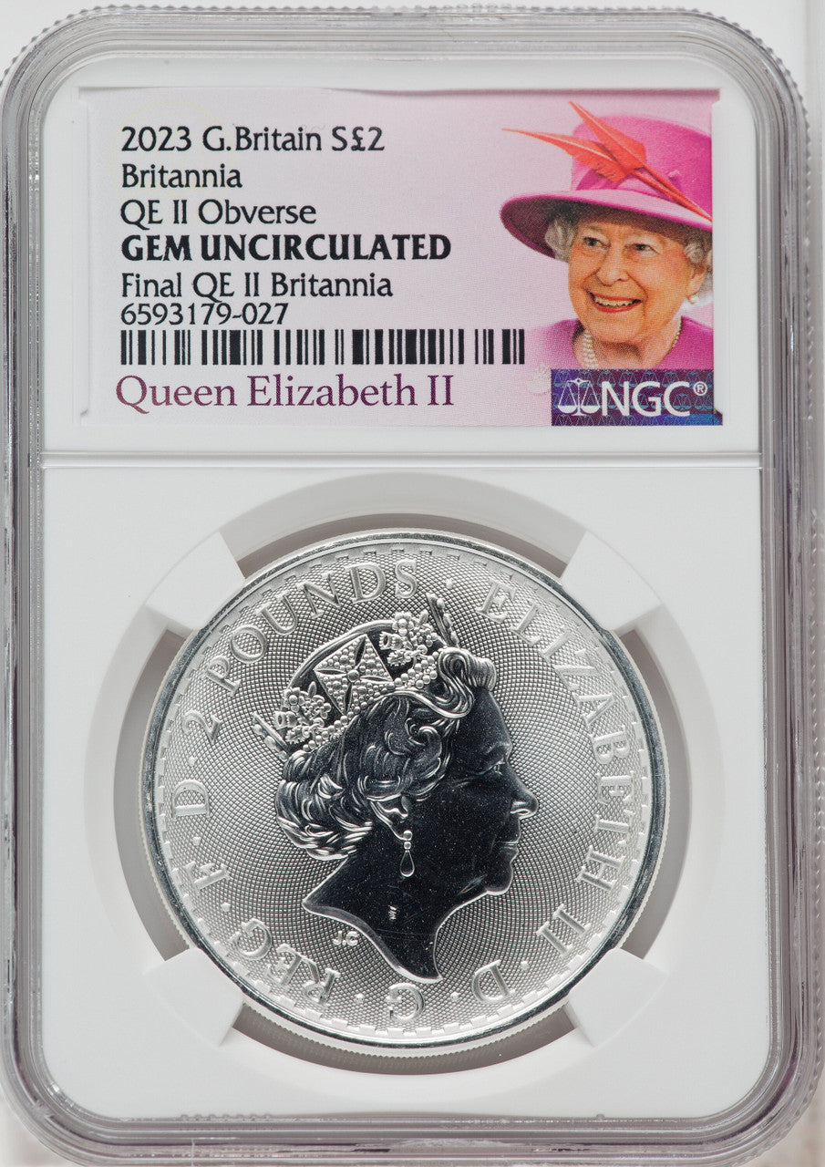 2023 Silver Britannia  1 oz G.Britain 2P Final QEII Queen Elizabeth II NGC Gem Unc