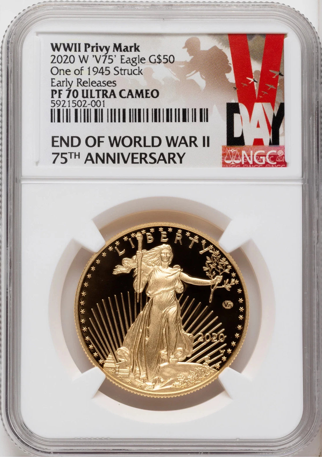 2020-W Proof Gold Eagle V75 Privy One of 1945 Struck 1 oz ER V-Day