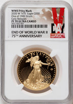 2020-W Proof Gold Eagle V75 Privy One of 1945 Struck 1 oz ER V-Day Label NGC PF70