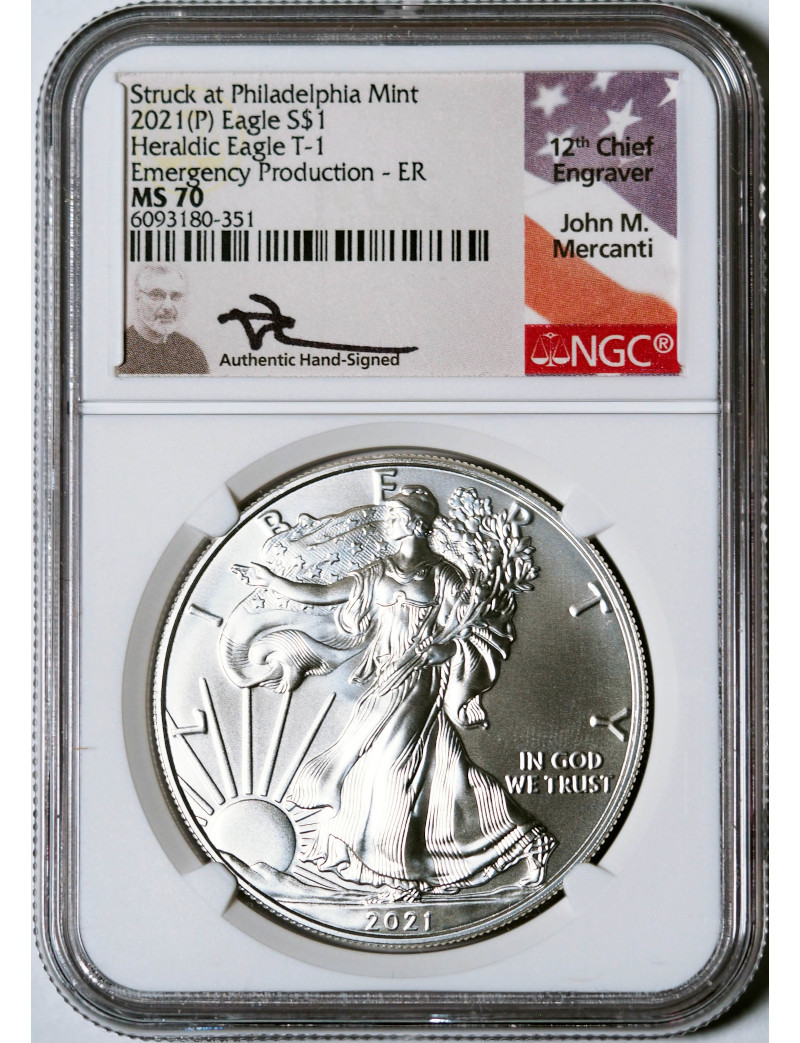 2021-P Silver Eagle Heraldic T-1 Emergency Production ER NGC MS70 Mercanti Signed
