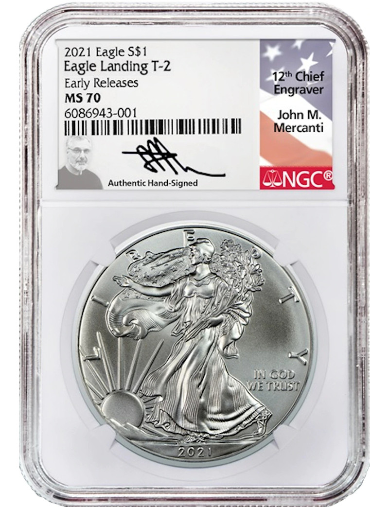 2021 T-2 American Silver Eagle ER NGC MS70 Mercanti Signed | By LCR Coin