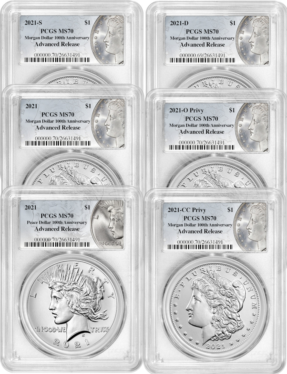 2021 Morgan Peace Dollar Advanced Release Pcgs Ms70 6-Pc Complete Set 100Th Anniversary | By LCR Coi