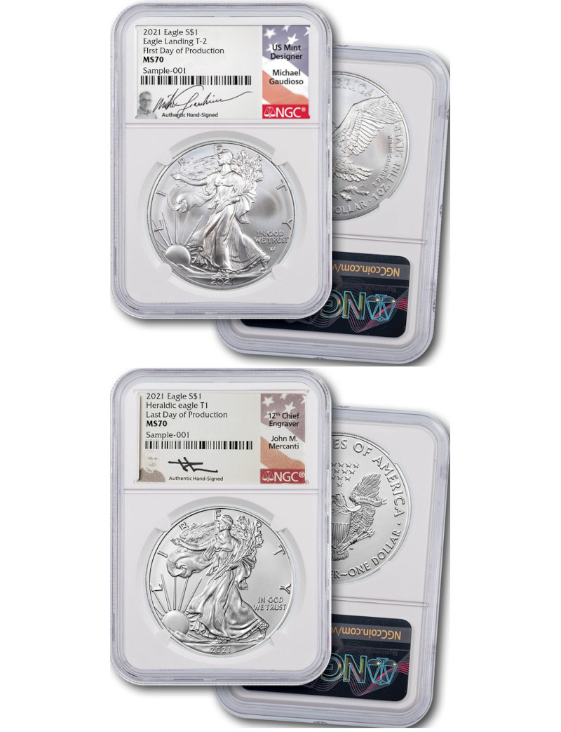 2021 Silver Eagle Transitional Set T-1 & T-2 First Production / Last Production Ngc Ms70 Mercanti Ga